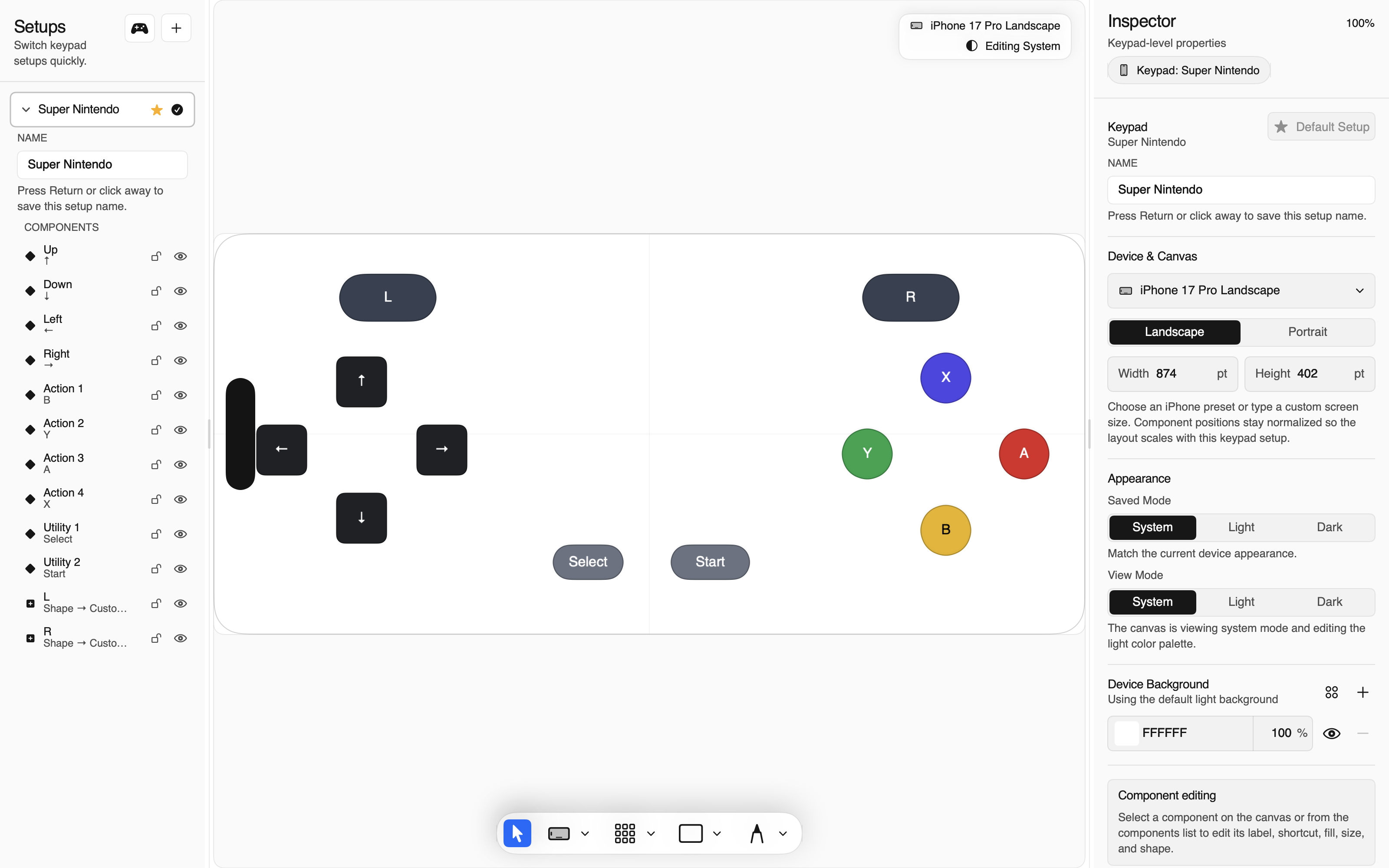 PocketPad macOS keypad editor with component list, iPhone canvas, and inspector controls